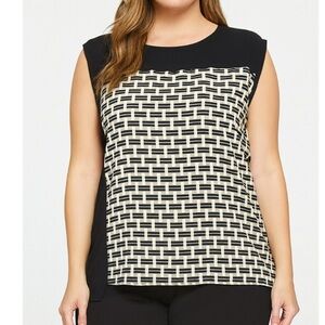 Vince Camuto black & cream patterned semi sheer SZ M